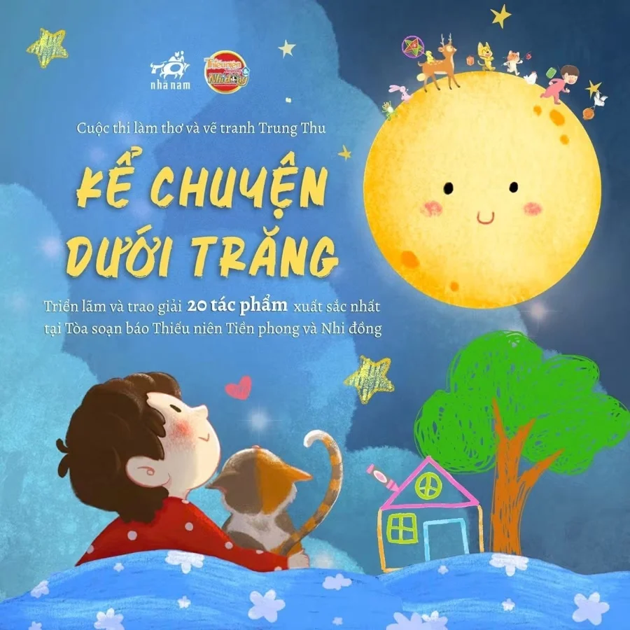 Minh họa cuộc thi Kể chuyện dưới trăng: em bé và chú mèo ngắm mặt trăng vàng giữa bầu trời màu nước.